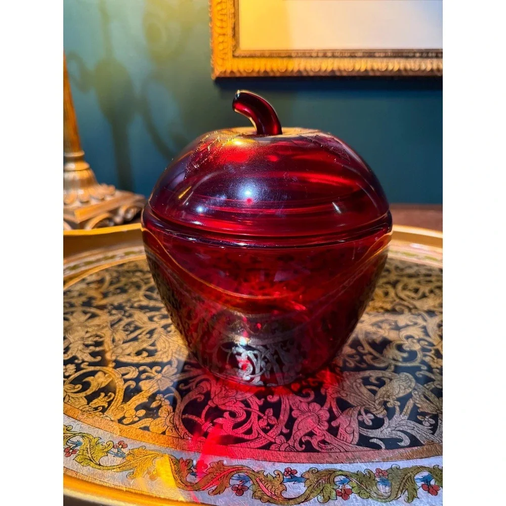 Vintage Anchor Hocking Ruby Red‎ Cookie Jar: Embossed Leaf Lid, 1970s